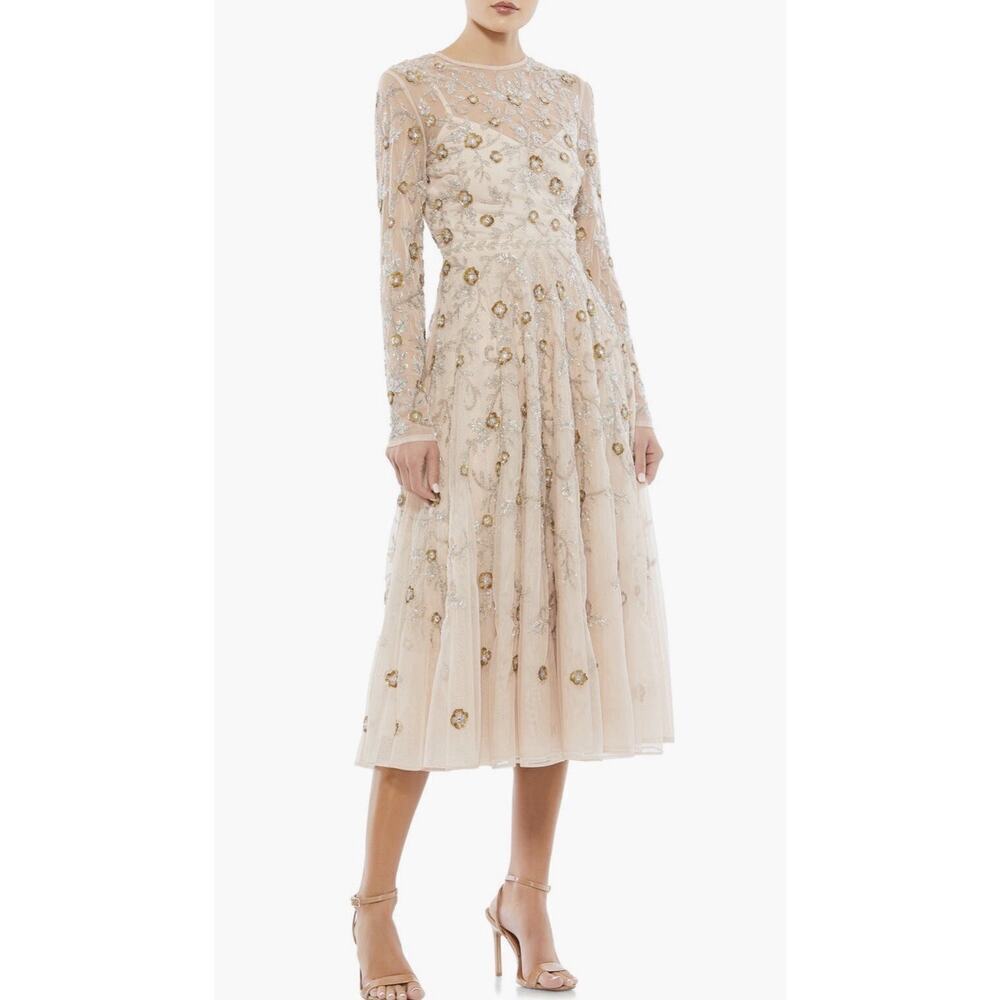 Mac Duggal BEADED ILLUSION A-LINE COCKTAIL Evening Wedding Gown Midi DRESS 4 S